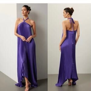L'IDEE Deesse Purple Pleated Halter Neck Open Back Flowy Gown Size US 4